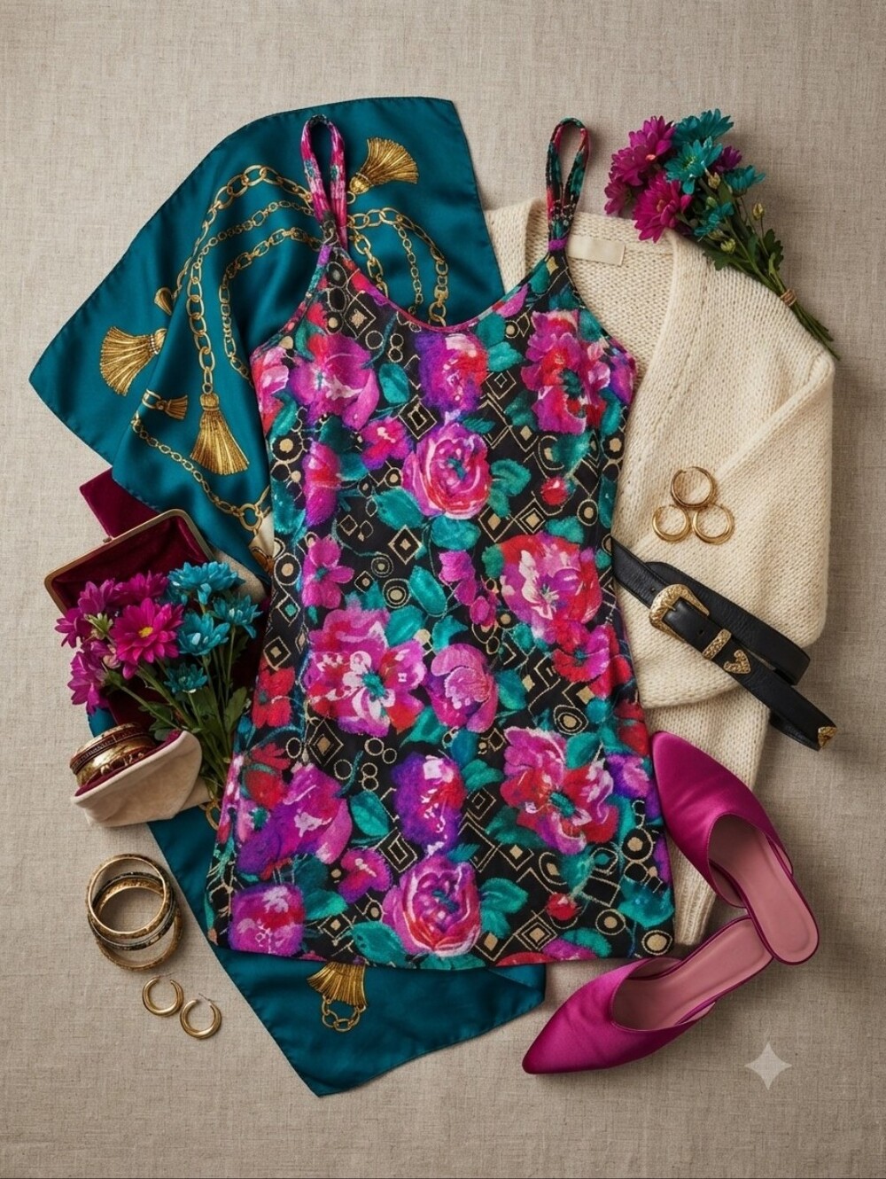 Vintage Inner Most Floral Silky Slip Dress Mini Dress